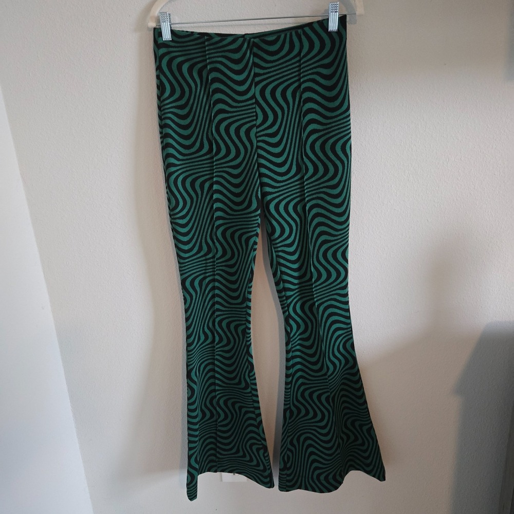 Zara Womens Psychedelic Green Black Swirl Flare Pants Retro Size Medium 1960s